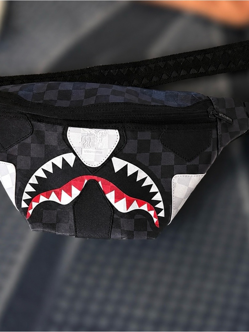 Sprayground Black Checkerboard Shark Mouth Belt Bag with Red & White Accents